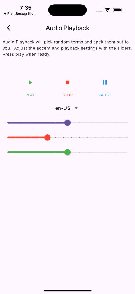 Aerospace Engineering Terms - Audio playback feature screen with play stop and pause buttons and customization sliders for learning aerospace terms
