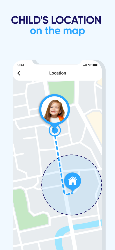 GPS tracker app interface showing a child's real-time location and home safe zone on a map