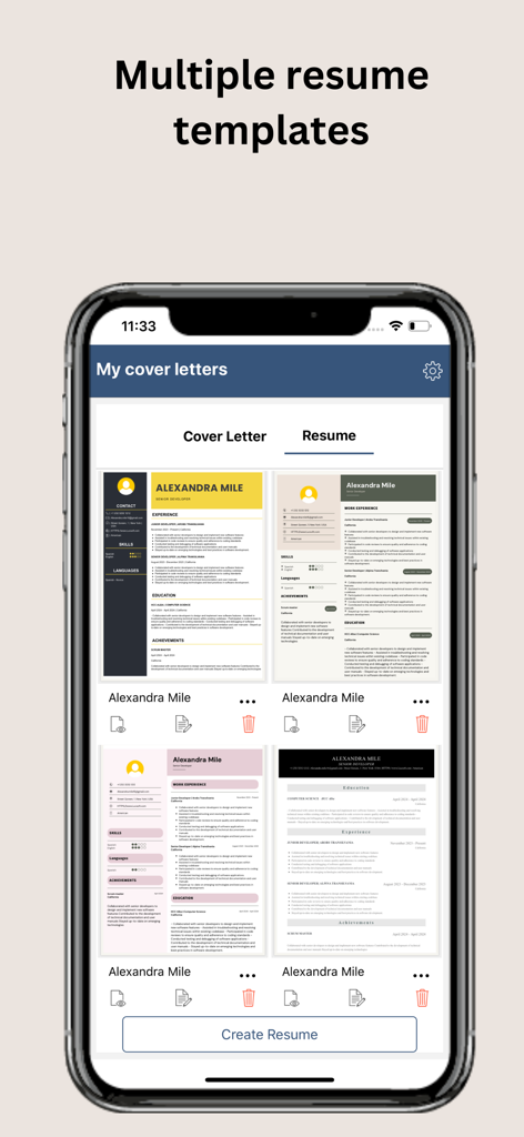 Uma coleção de modelos profissionais de currículos exibidos na tela de um smartphone.