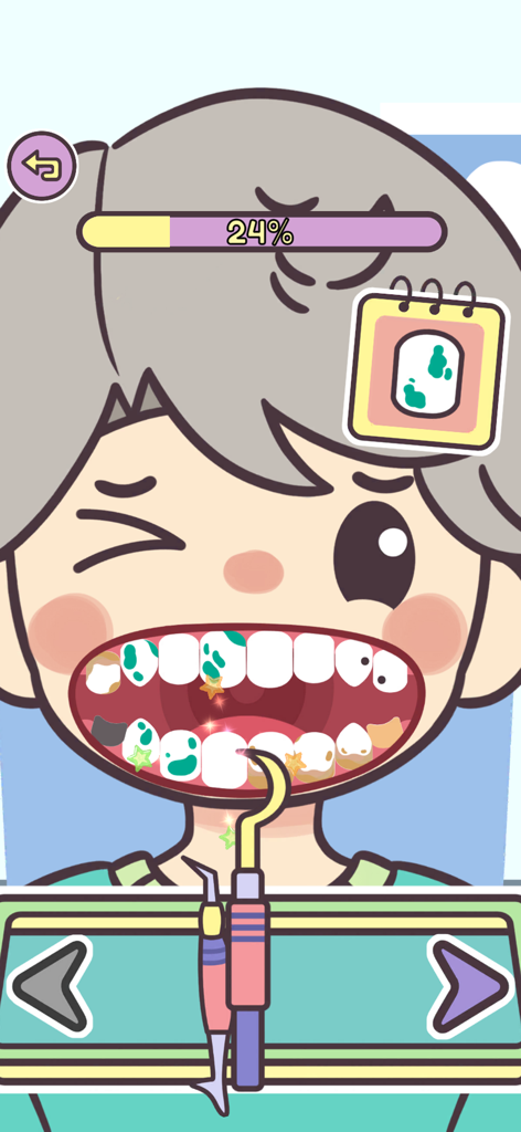 Dentist Games: Teeth Clinic - 歯医者ゲーム歯科クリニックのゲームプレイ。漫画の子供がモバイルゲームで歯垢を除去されている様子
