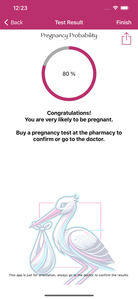 Pregnancy Test Quiz & Checker - Pantalla de la aplicación mostrando un resultado de 80 por ciento de probabilidad de embarazo con una ilustración de cigüeña