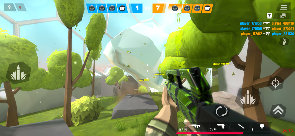 Tactic Shot: FPS Pixel Shooter - First person view of a 3D pixel shooter game with a camo rifle