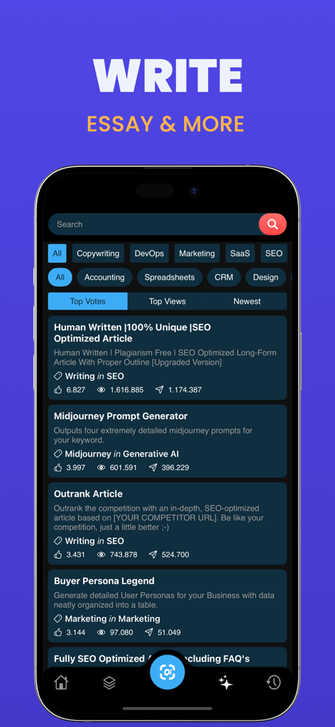 Photo Math Solver - Math.AI - Captura de pantalla de la interfaz de la aplicación Math AI mostrando indicaciones de IA para ensayos y artículos de SEO