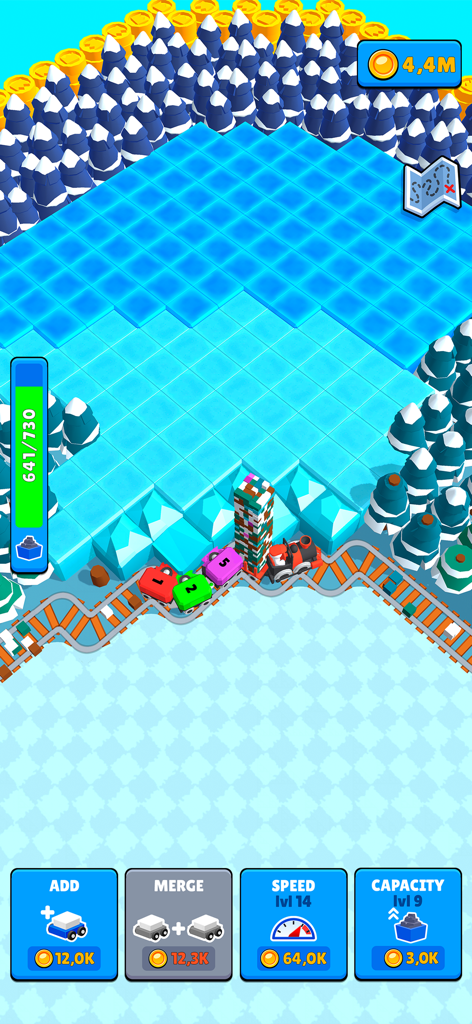 Um comboio colorido com várias carruagens a viajar por uma paisagem blocada e nevada no Train Miner