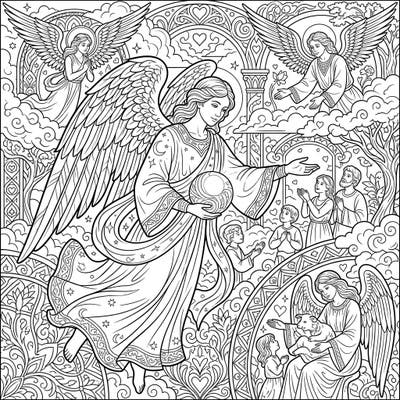 Immerse yourself in a heavenly coloring experience with this intricate Angels of Mercy full scene illustration. Featuring benevolent angels extending grace to praying figures amidst a rich celestial landscape, it offers a deeply peaceful artistic journey.