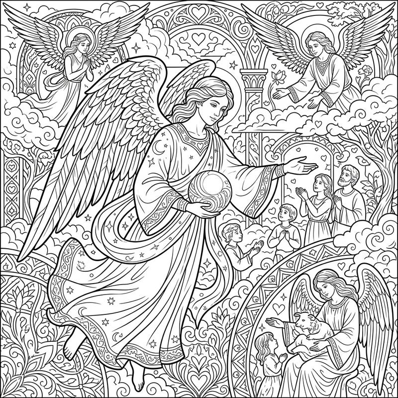 Immerse yourself in a heavenly coloring experience with this intricate Angels of Mercy full scene illustration. Featuring benevolent angels extending grace to praying figures amidst a rich celestial landscape, it offers a deeply peaceful artistic journey.
