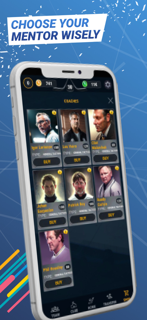 Big6: Hockey Manager NHL Stars - A selection menu in the Big6 Hockey Manager app featuring various professional hockey coaches to hire as mentors.