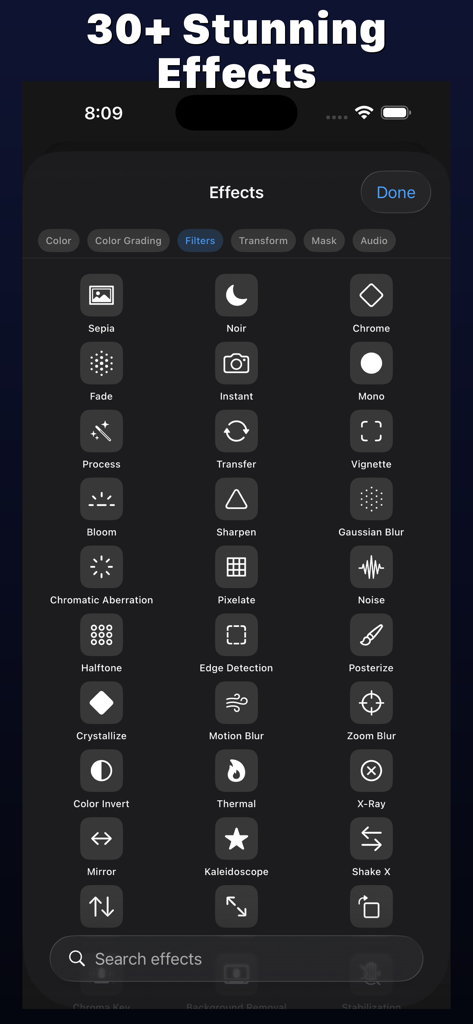 Montaj - Video Editor - A menu showing a grid of over 30 professional video effects and filters in the Montaj app interface.