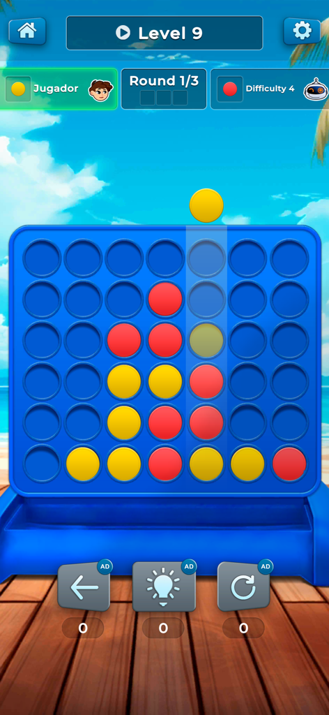 Four in a Row - 2 Player Games - Un juego de mesa digital Cuatro en Línea mostrando una ficha amarilla cayendo en una cuadrícula durante una partida del nivel nueve contra un oponente de IA.