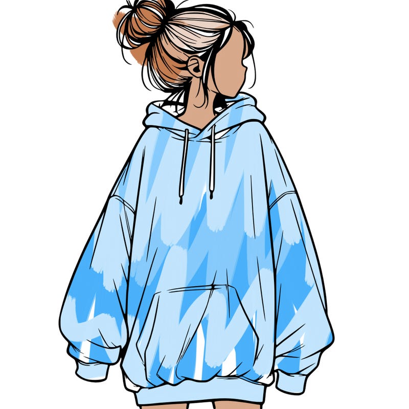 realistic girl with a oversized sweatshirt on and a bun