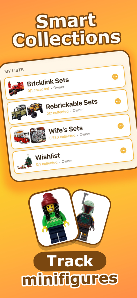 Interface showing custom collection lists and a minifigure tracking feature in the Tracker for LEGO app