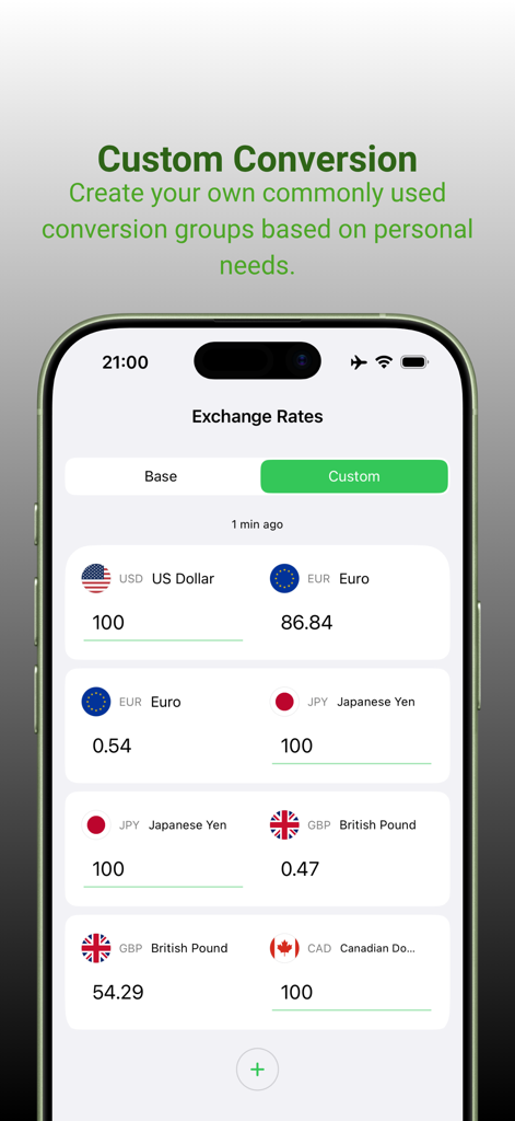 MyRate - Exchange Rates - Screenshot of MyRate app showing custom currency conversion pairs including USD, EUR, JPY, and GBP
