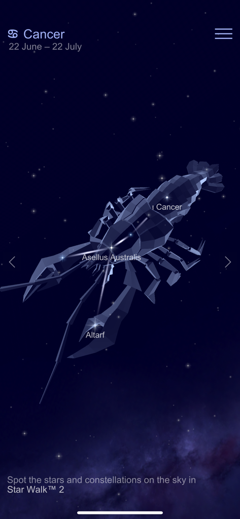 별이 빛나는 밤하늘 배경의 게자리 별자리의 3D 시각화.