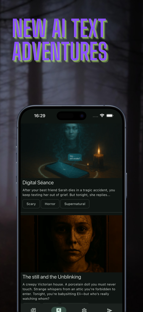 A smartphone screen displaying a list of interactive horror stories in the Scary Chat Stories app.