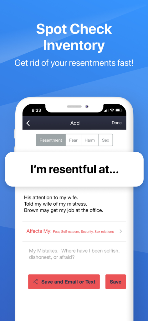 My Spiritual Toolkit AA Steps - Spot Check Inventory screen in My Spiritual Toolkit app for tracking resentments and fears