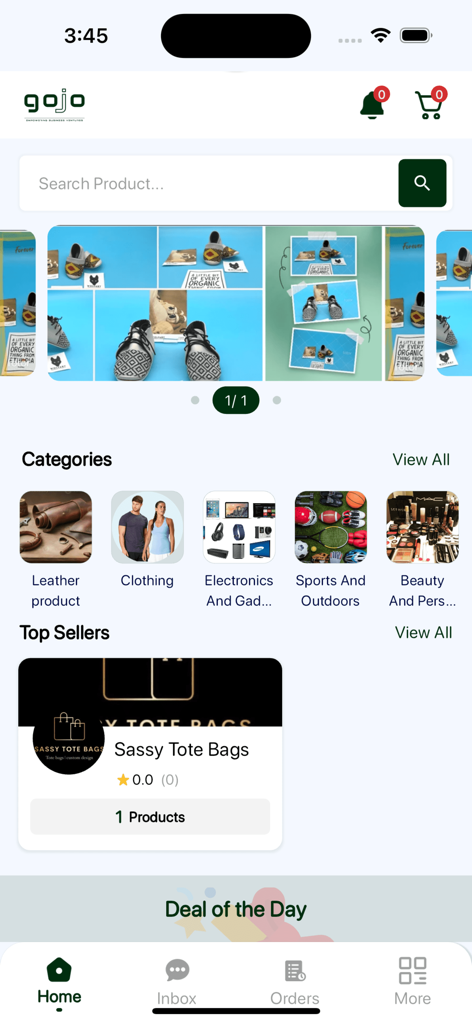 Gojo Shop - Pantalla de inicio de la aplicación Gojo Shop que muestra categorías de productos y los más vendidos en Etiopía