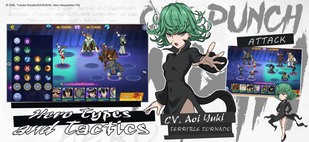One-Punch Man:Road to Hero 2.0 - ワンパンマン ロード・トゥ・ヒーロー2.0 戦略画面、キャラクターのテリーブル・トルネードが登場し、ヒーロータイプと戦術が表示されている