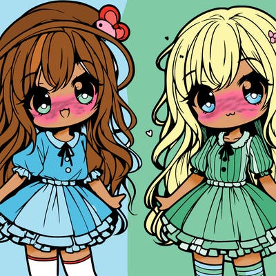 cute anime girl with long hair, a cute hat on her head, cute little skirt