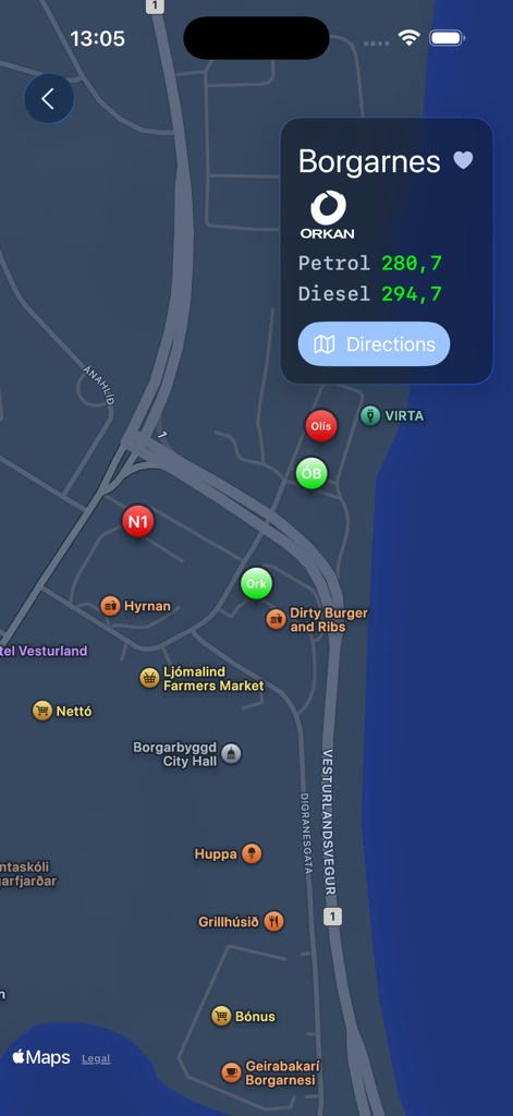 Bensin app map view showing Orkan gas station prices for petrol and diesel in Borgarnes Iceland
