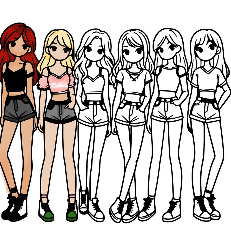 a group of girls wearing crop tops and shorts