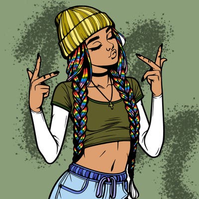 realistic teenage girl with braids and a beanie and crop top doing 🫶🏼