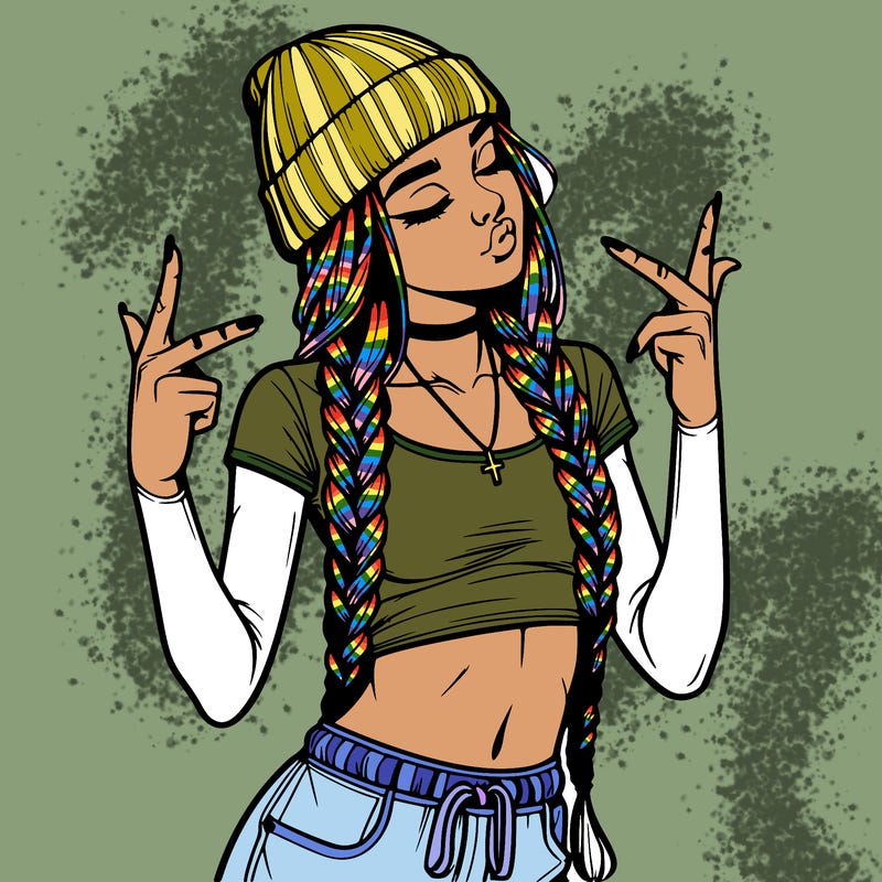 realistic teenage girl with braids and a beanie and crop top doing 🫶🏼