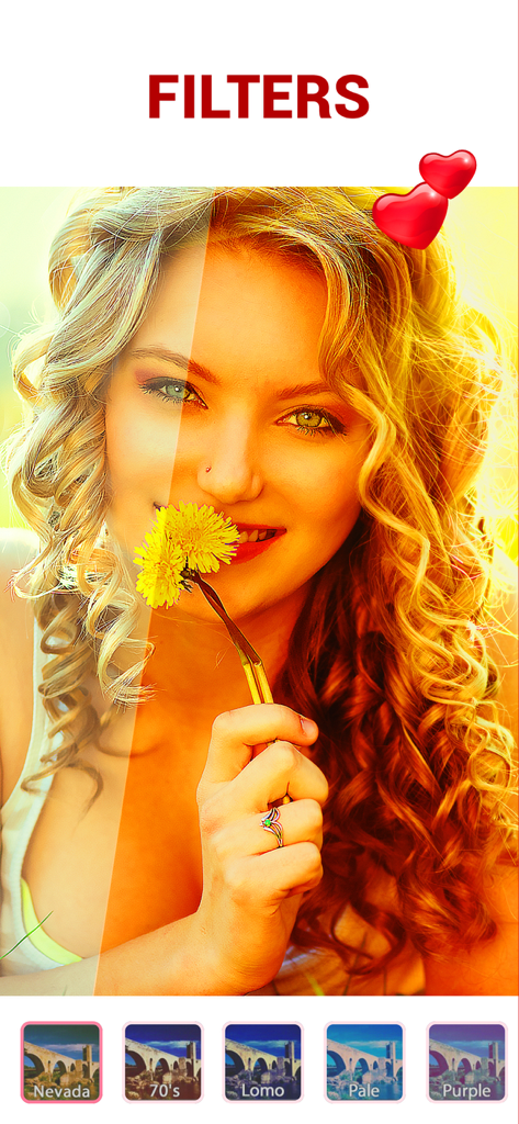 Love Collage Maker & Editor - Photo filter options applied to a woman portrait in a love themed editing app
