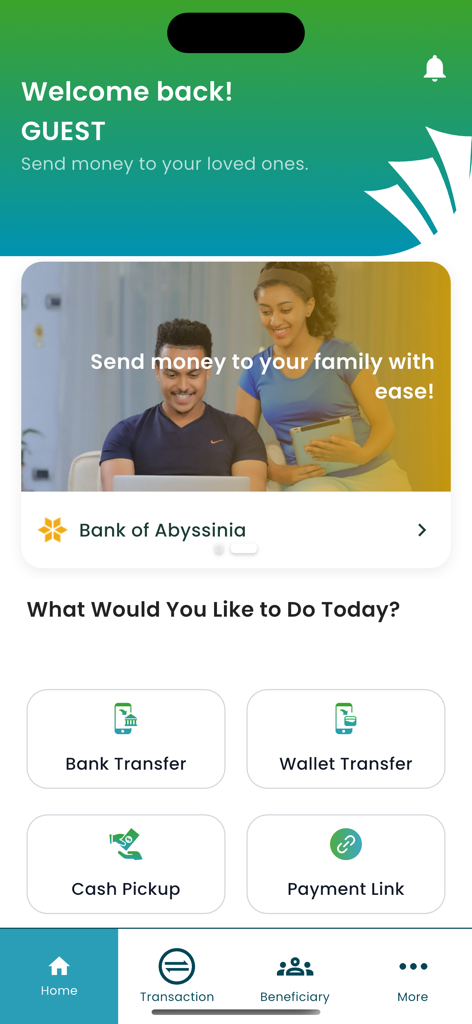 Arif Remit - Arif Remit mobile app home screen showing money transfer options including bank transfer, wallet transfer, and cash pickup