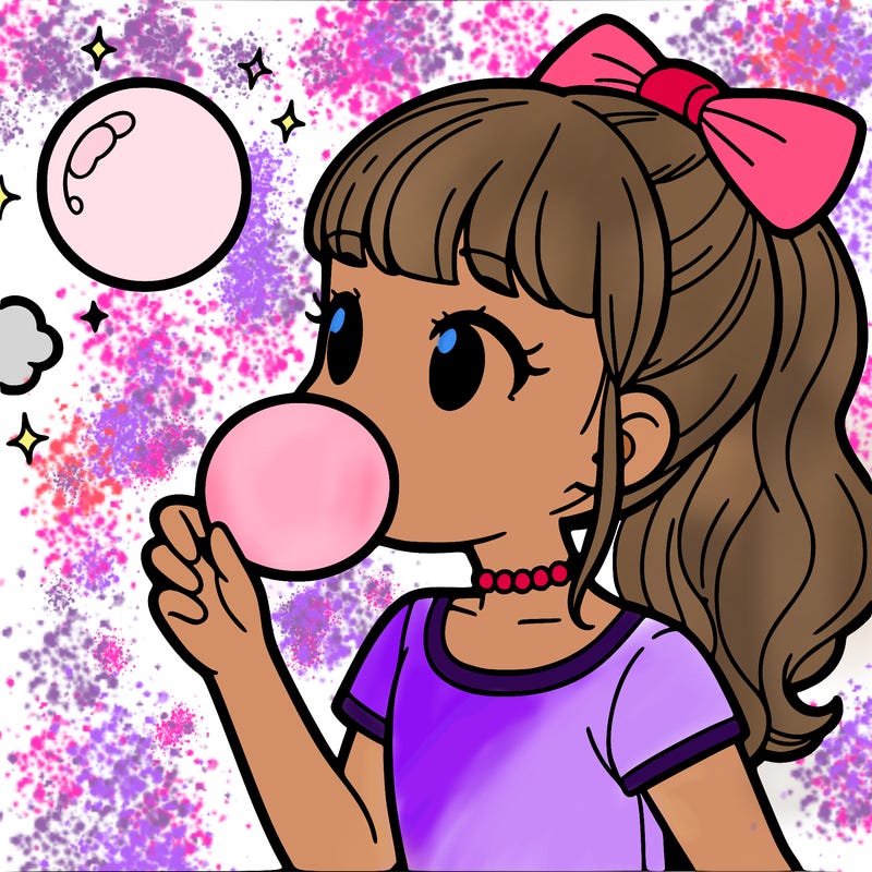 a girl blowing a bubble of a bubble gum