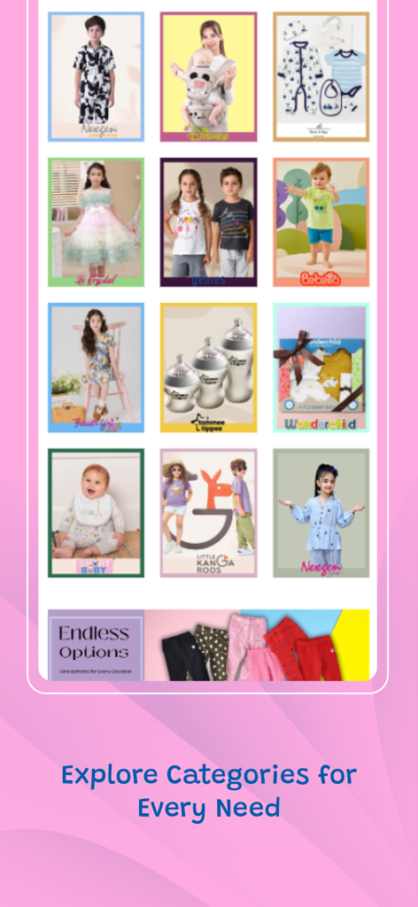 Grille montrant les catégories de vêtements pour enfants et de produits de soins pour bébés dans l'application Smart Baby