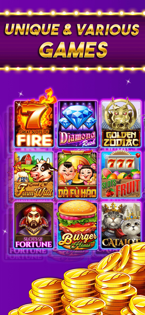A collection of themed slot machines including Diamond Rush and Golden Zodiac above a pile of gold coins.