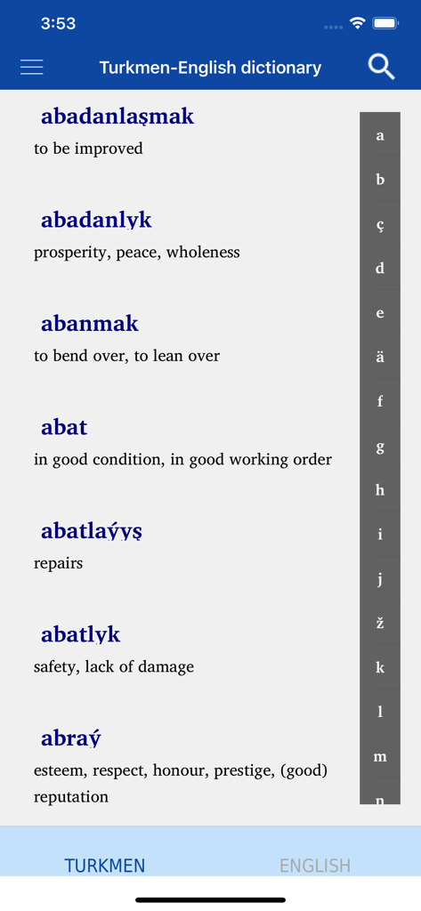 Uma captura de tela do aplicativo de dicionário turcomeno-inglês mostrando uma lista de palavras turcomenas e suas definições em inglês.