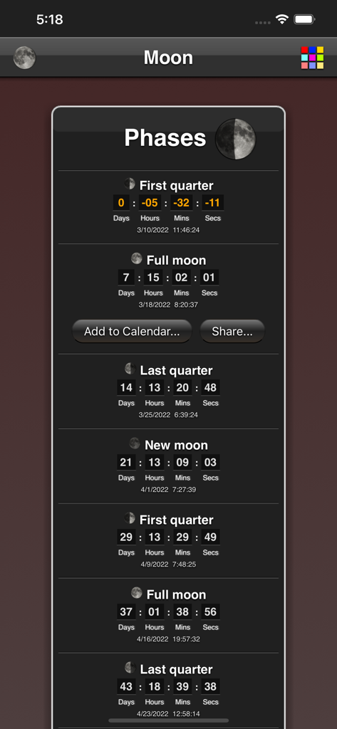 Moon Phases - カウントダウンタイマーとカレンダー統合ボタン付きの今後の月の満ち欠けのリストを表示するムーンフェーズアプリのスクリーンショット