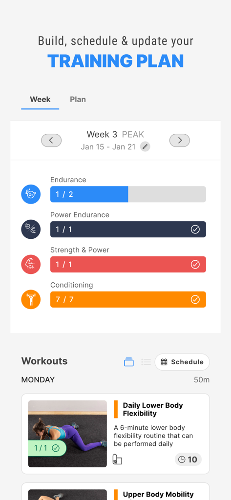 Crimpd - Crimpd app interface showing a weekly rock climbing training plan and workout schedule.