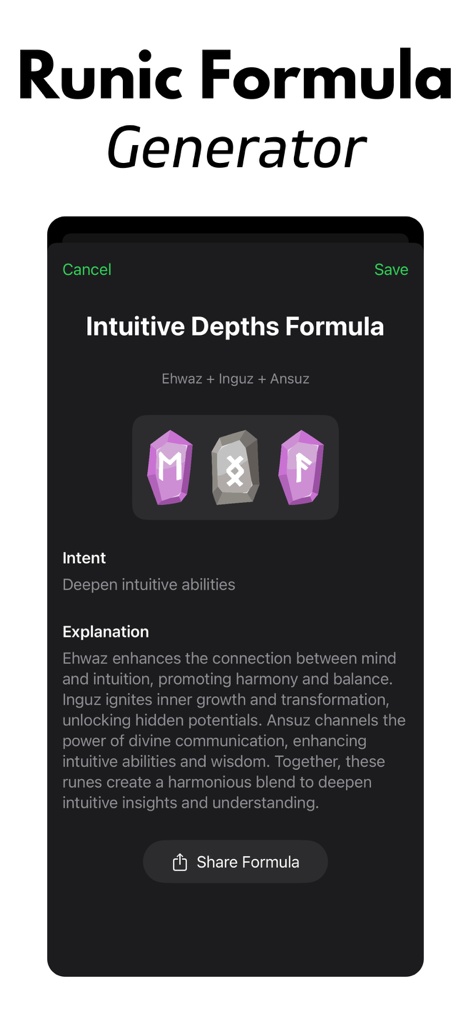 Norse Runes & Mythology - A screenshot of the Runic Formula Generator feature within the Norse Runes and Mythology app showing a specific rune combination for intuitive depths.