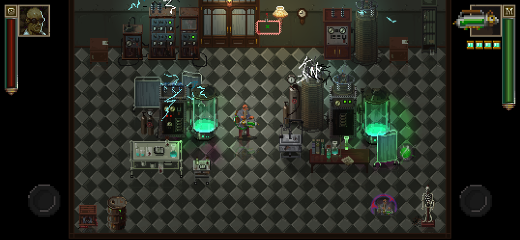 The Professor character explores a spooky pixel art laboratory with glowing green vats in Lovecrafts Untold Stories.