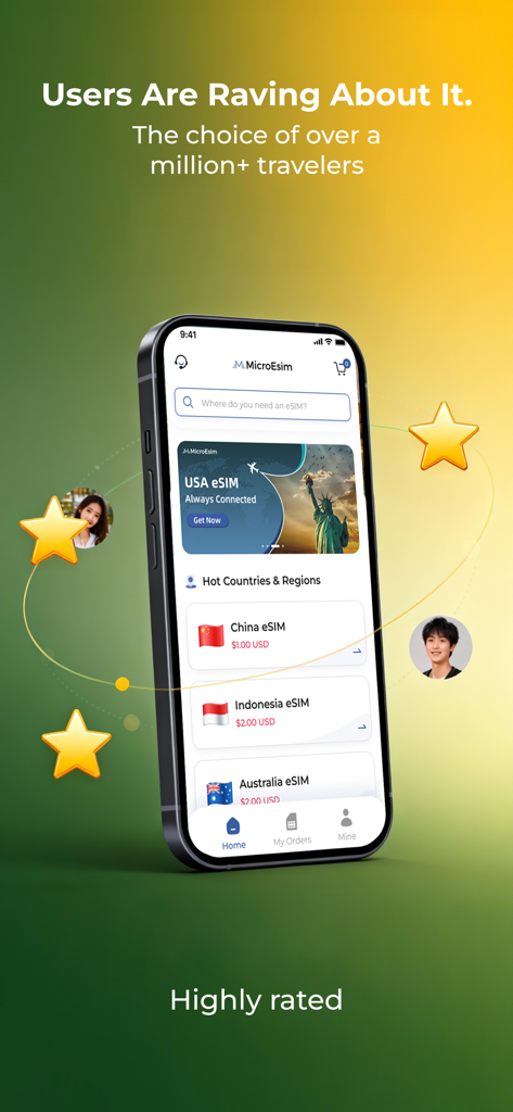 MicroEsim app interface on a smartphone highlighting high traveler ratings and global eSIM plans.