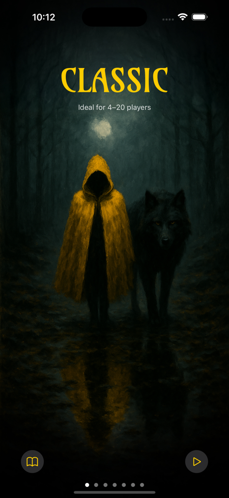 WOLF - Party Game - Classic game mode screen of WOLF party game featuring a hooded figure and a wolf in a dark forest