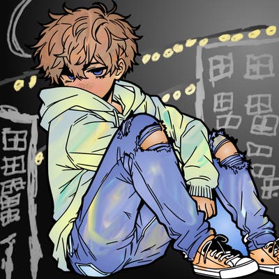 a male hoddie ripped jeans messy hair anime