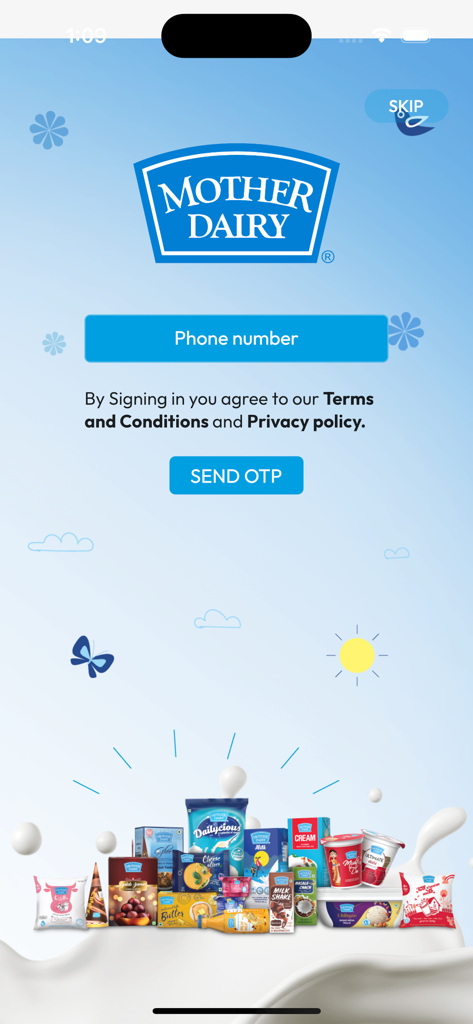 Mother Dairy app login screen with phone number entry field and a display of brand milk products