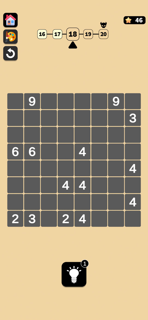 Fill Shikaku - A gameplay screenshot of Fill Shikaku showing a minimalist logic puzzle grid with numbers.