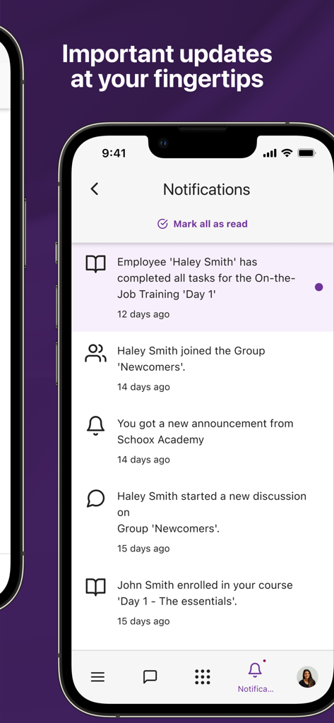 Schoox - Schoox mobile app notification screen displaying employee training completions and group activity updates