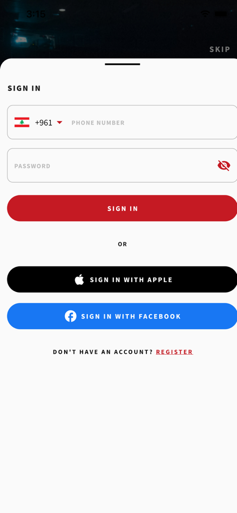 Écran de connexion de l'application Iraqi Cinema avec des options de connexion par numéro de téléphone, Apple et Facebook