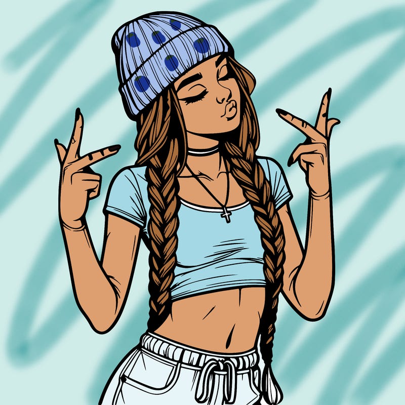 realistic teenage girl with braids and a beanie and crop top doing 🫶🏼