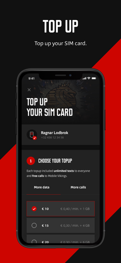 Benutzeroberfläche der Mobile Vikings App mit Optionen zum Aufladen der SIM-Karte für Daten und Anrufe.
