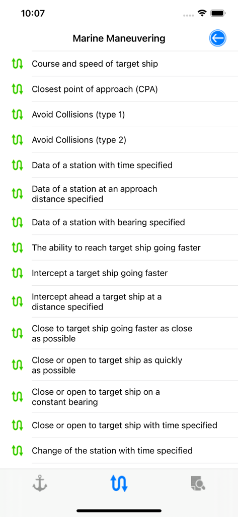 Nautical Calculator Pro - List of marine maneuvering calculations in the Nautical Calculator Pro app including CPA and collision avoidance