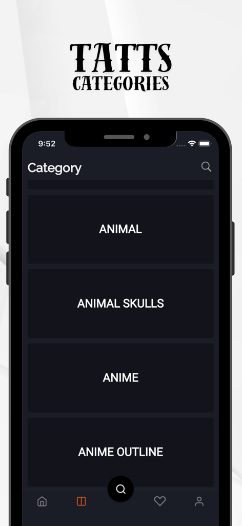Tattoo Design AR Art Drawing - Smartphone screen showing tattoo design categories including Animal and Anime.