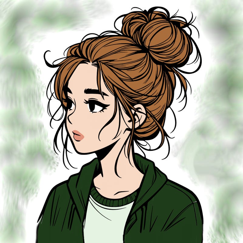 realistic teenage girl with a messy bun
