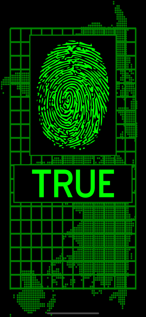 Lie Detector Fingerprint Scan - 장난 거짓말 탐지기 앱 인터페이스에서 '진실' 결과를 보여주는 디지털 녹색 지문 스캔