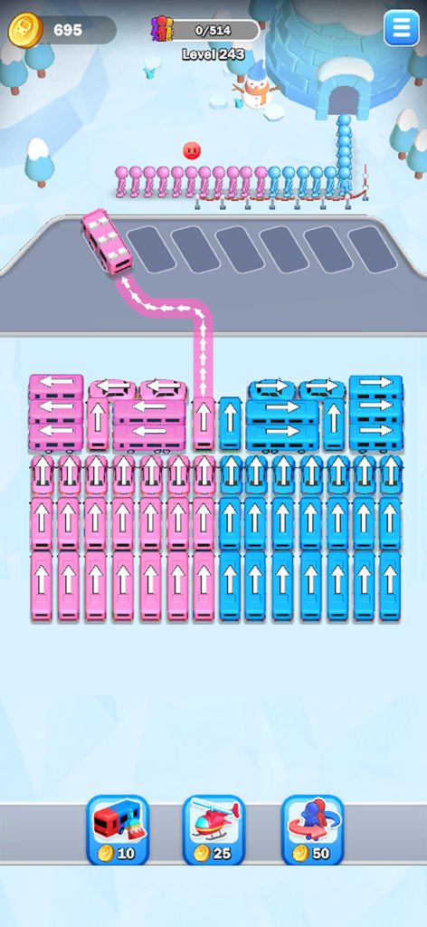 Car Jam 3D: Bus parking Master - A mobile game screenshot of Car Jam 3D showing color coded pink and blue buses and passengers in a winter themed parking puzzle.